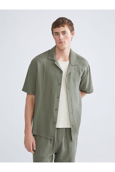 LC Waikiki Khaki Comfortable Fit Resort Collar Short Sleeve Muslin Men's Shirt