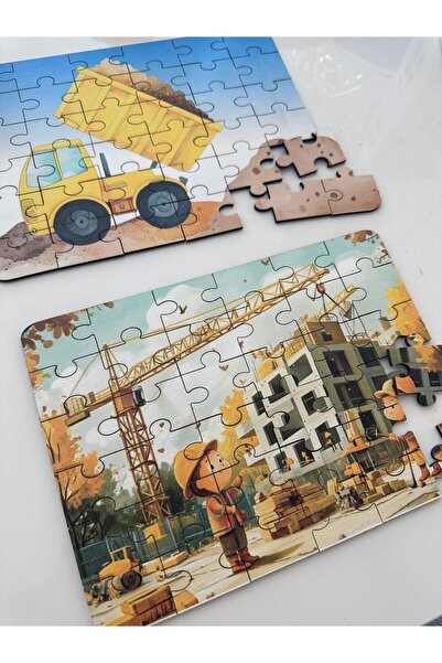 OrencCraft Ahşap kamyon ve inşaatçılar -2 Sİ BİR ARADA- Mini Puzzle | 36 Parça 4 +Yaş