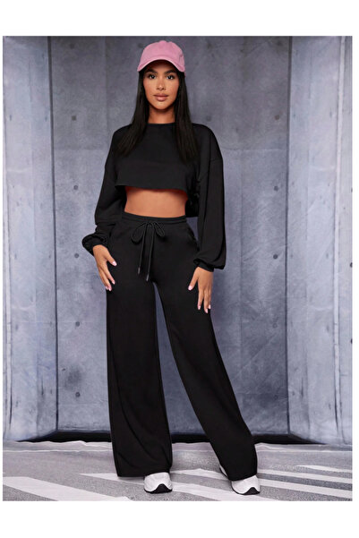 LOSSİA Γυναικείο μαύρο φαρδύ παντελόνι φόρμας μεγάλου μεγέθους, υψηλής ποιότη...