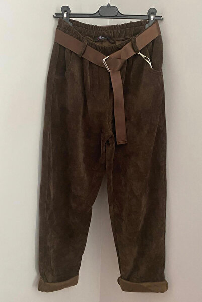 AYASOFYA OTANTIK Women's Italian Brown Elastic Waist Pocketed Buckle Belted Casual Velvet Trousers