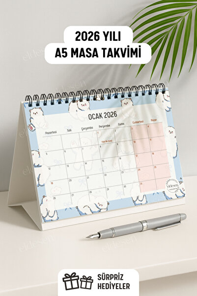 Eldesen Tasarım 2026 Masa Takvimi Spiralli A5 (21X16CM) Büyük Boy / Resmi Tatiller Ve Hafta Sonları / 12 Aylık