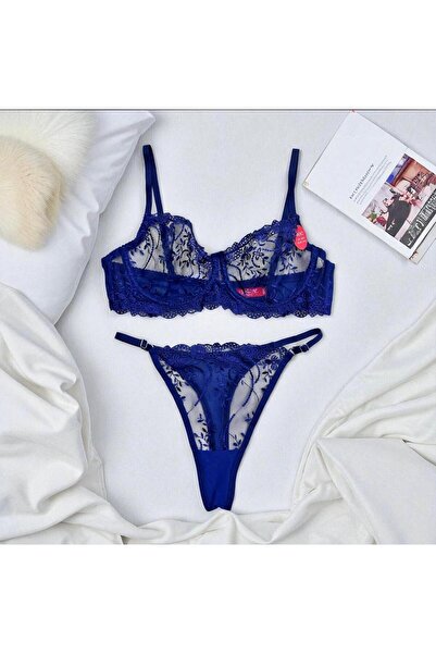 Lady's First Büyük Beden C Kap Lacivert Dantelli Bralet Takım