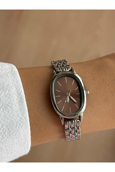 Vola Collection Brown Oval Case Steel Band Vintage Silver Minimal Women Wristwatch -59