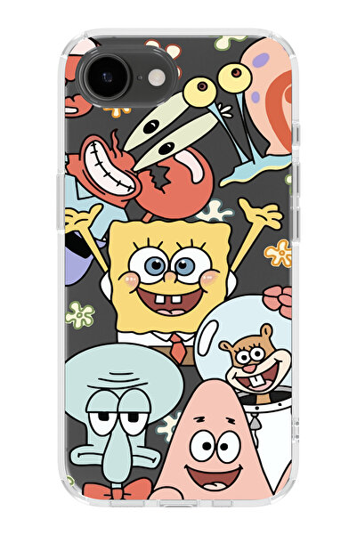 moonset Iphone 16E Uyumlu Sünger Bob Tasarımlı Baskılı Şeffaf Telefon Kılıfı