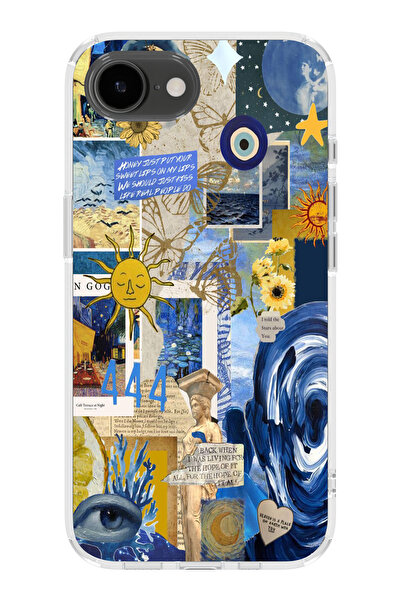 moonset Iphone 16E Uyumlu Mavi Kolaj Tasarımlı Baskılı Şeffaf Telefon Kılıfı