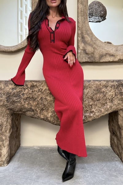 Noi Belis Maxi Boy Polo Neck Buttoned Knitwear Dress Aw25El0015