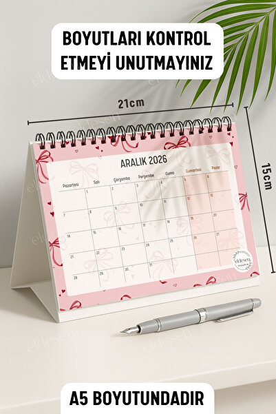 Eldesen Tasarım 2026 Masa Takvimi Spiralli A5 (21X16CM) Büyük Boy / Resmi Tatiller Ve Hafta Sonları / 12 Aylık
