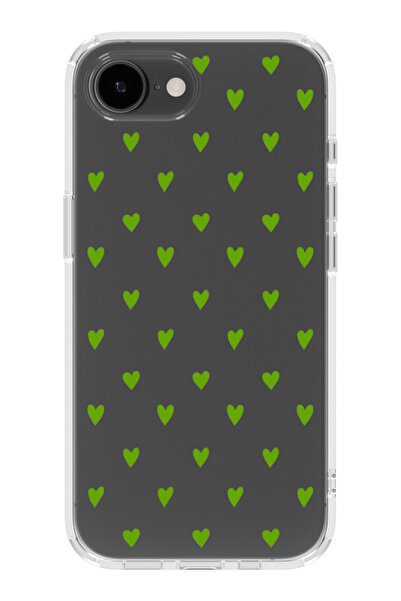 moonset Iphone 16E Uyumlu Yeşil Kalpler Tasarımlı Baskılı Şeffaf Telefon Kılıfı