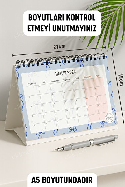 Eldesen Tasarım 2026 Masa Takvimi Spiralli A5 (21X16CM) Büyük Boy / Resmi Tatiller Ve Hafta Sonları / 12 Aylık