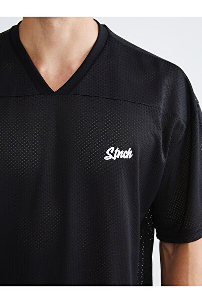 LC Waikiki Black V-Neck Short-Sleeve Printed Men T-Shirt