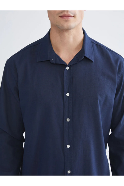 LC Waikiki Xside Navy Blue Regular Fit Long Sleeve Linen Blend Men's Shirt