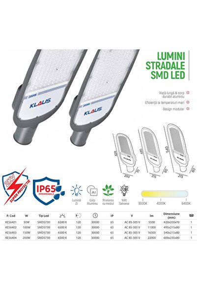 Klaus Lampa Stradala LED 150W, 16500lm, 6500K, IP65, Aluminiu, Protectie 2KV, KE56403