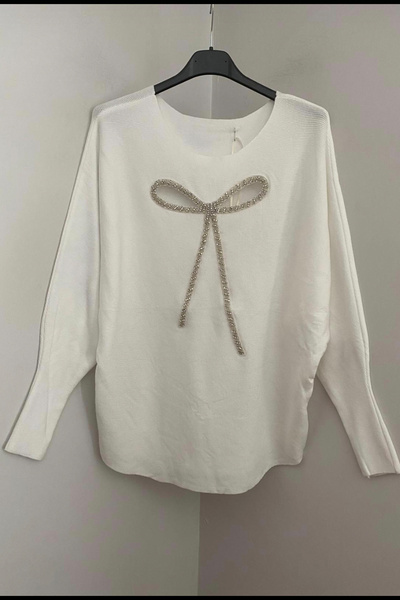 AYASOFYA OTANTIK Women's Italian White Round Neck Window Bow Embroidered Angora Knitwear Sweater Blouse