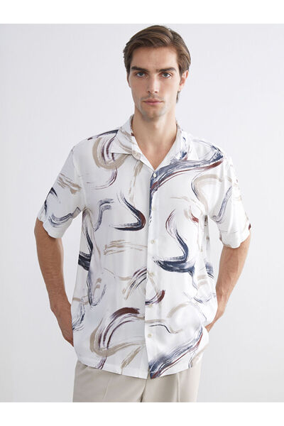 LC Waikiki Ecru Regular Fit Short Sleeve Patterned Viscose Men's Shirt