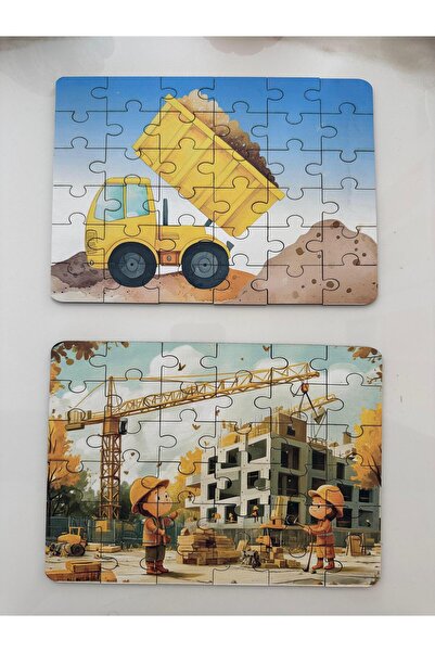 OrencCraft Ahşap kamyon ve inşaatçılar -2 Sİ BİR ARADA- Mini Puzzle | 36 Parça 4 +Yaş
