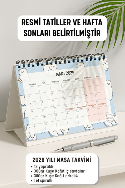 Eldesen Tasarım 2026 Masa Takvimi Spiralli A5 (21X16CM) Büyük Boy / Resmi Tatiller Ve Hafta Sonları / 12 Aylık