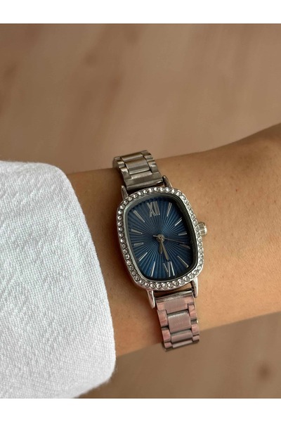 Vola Collection Navy Blue Stone Oval Metal Case Silver Color Cord Minimal Wom...