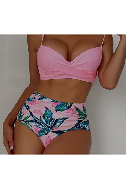 ARDSU Tropikal Desenli, Yüksek Bel Pembe Bikini Takımı