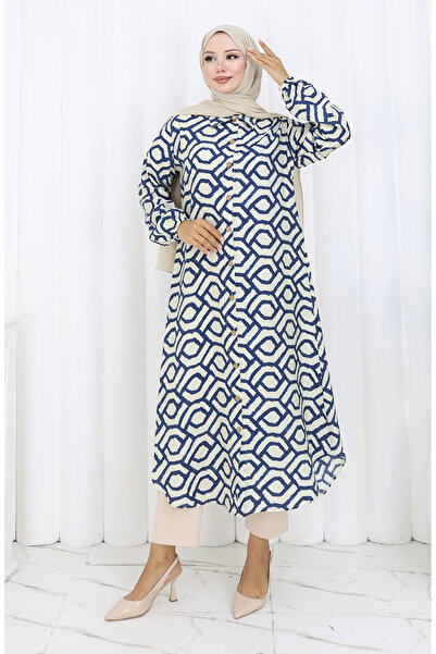 sefamerve Viskon Kumaş Boydan Düğmeli Uzun Tunik 0175-01 Lacivert