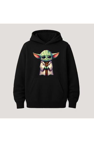 SVART WEAR Детска качулка с дълъг ръкав и джоб тип кенгуру с принт на Бебе Йода