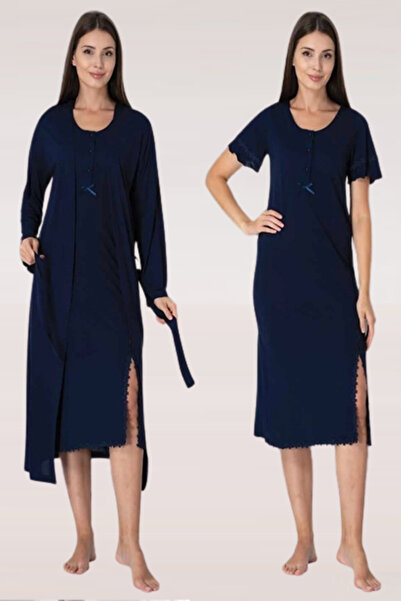 by İGP Navy Blue Maternity Maternity Dressing Gown and Slit Nightgown Set Eff...