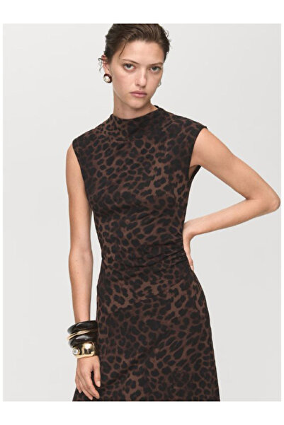 Panku Bizu Design Store Deborah Leopar Desenli Drape Detaylı Fit Kalıp Maxi E...
