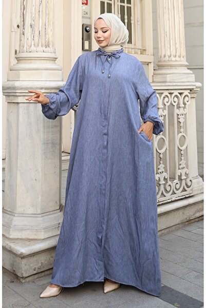 sefamerve Kolu Lastikli Fermuarlı Kot Ferace 0141A-02 Lacivert