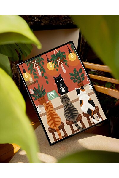 Avoseed Kahve & Kedi Temalı Çerçeve İçi Yapışkanlı Poster (Çerçevesiz)