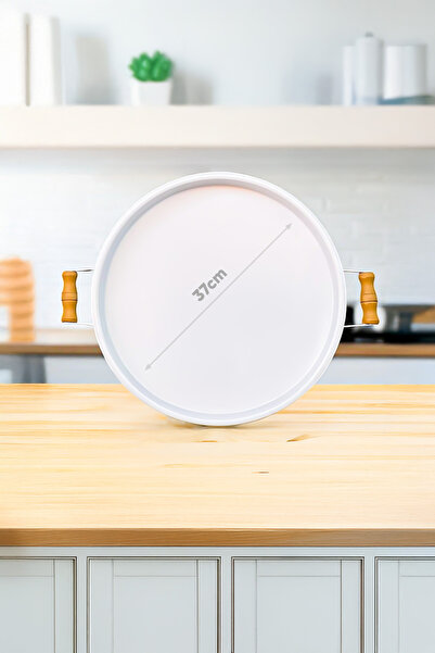 AKSESUAR EVRENİ London 37 cm White Presentation Metal Serving Tray Set Breakfast Wooden Handle Treat Tray