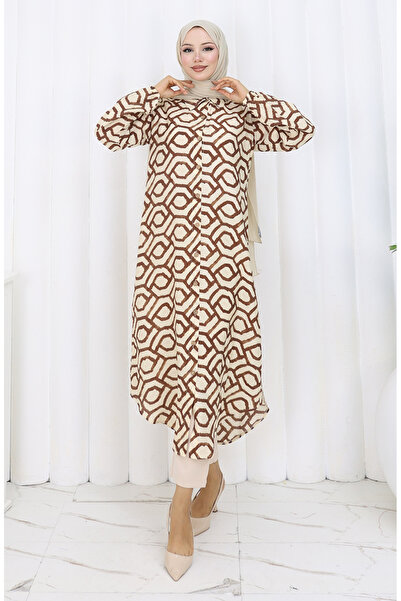 sefamerve Viskon Kumaş Boydan Düğmeli Uzun Tunik 0175-02 Kahverengi