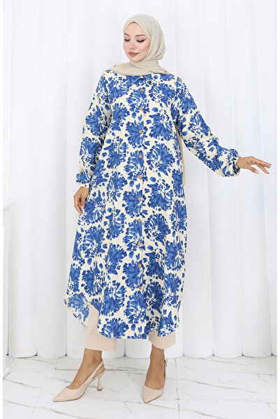 sefamerve Μακρύ τουνίκ από ύφασμα βισκόζης με κουμπιά 0174-06 Μπεζ Ναυτικό Μπλε