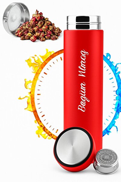Halk Kitabevi Kişiye Özel KIRMIZI İsimli Süzgeç Kapak & Siyah Çelik Termos 500ML - KIRMIZI