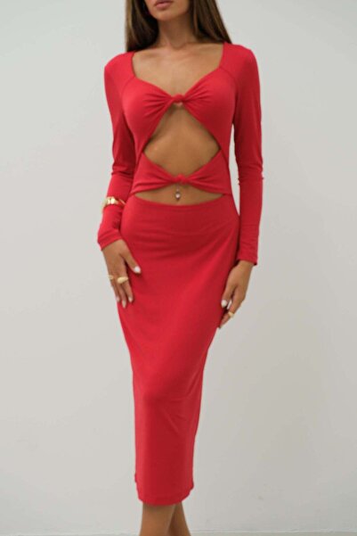 Maxi modena Knot Detailed Midi Length Red Dress