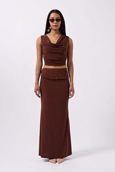 Maxi modena Fold Waist Detail Maxi Brown Skirt