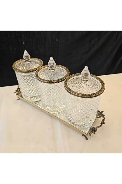 MaviDamla 4 PARÇA TEPSİLİ KRİSTAL CAMLI KAVANOZ SETİ ANTİK DETAY ŞERİTLİ