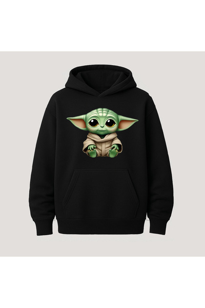 SVART WEAR Baby Yoda Baskılı Kanguru Cepli Pamuklu Kapüşonlu Uzun Kollu Hoodi...