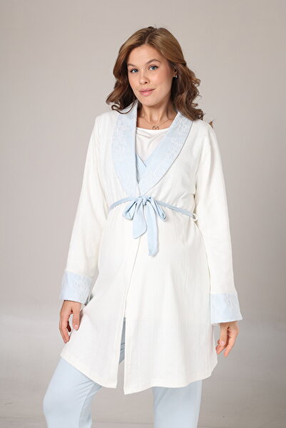 PREGNANT WORLD طقم بيجامة نسائي شتوي بتصميم خاص من قماش الجاكار الأزرق بياقة ...