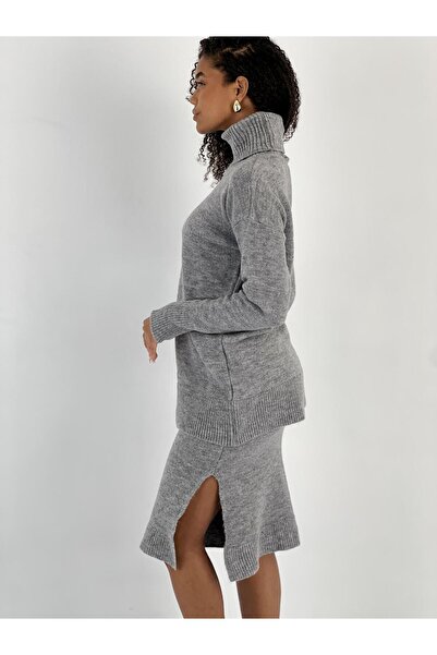 Miss Poem Women's Gray Corduroy Long Sleeve Sweater Slit Skirt Set