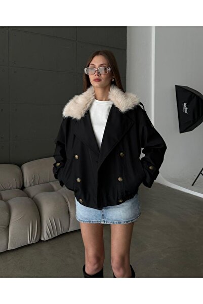 GM Butikk سترة نسائية قصيرة من نوع بومبر بياقة من الفرو للموسم الجديد