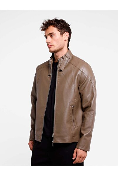 MAGICALFASHION Men's Plain Zippered Camel (Mink) Men's Faux Leather Jacket with Fur Inside