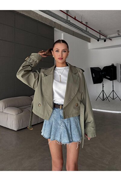GM Butikk New Season Women's Cropped Trench Coat Oversized Belted Epaulet Short Jacket Women's Jacket