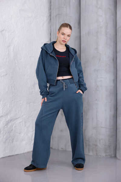 MOSRANİC Women's Grey-Blue Oversize Zippered Hooded Tracksuit Set Msc 2603