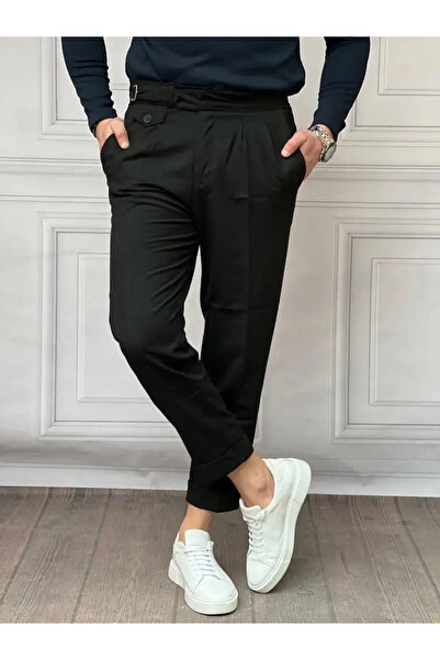 MODEFENDİ Men's Black Belt Buckle Detailed Bird's Eye Pattern Pleated Trousers