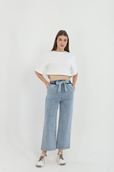 MİHRİZAR Kadın Yüksek Bel Lastikli Kuşaklı Bol Paça Kot Pantolon