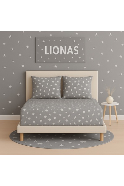 Ezgi Patterned 160 X 200 cm Double Size Gray Star Fitted Sheet and 2 Pillowcases