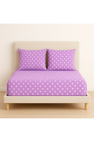Ezgi Patterned 180 X 200 cm King Size Lilac Star Elastic Sheet and 2 Pillowcases