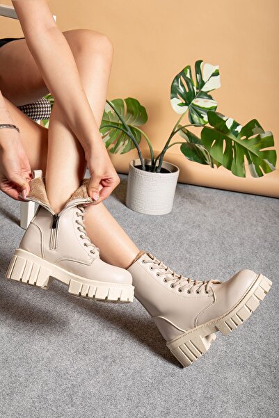 Sanvio Tarzkar Γυναικείες χειμερινές καθημερινές μπότες με επένδυση από μπεζ γούνα, αδιάβροχες ραμμένες, ελαφριές, αντιολισθητικές σόλες με εγγύηση