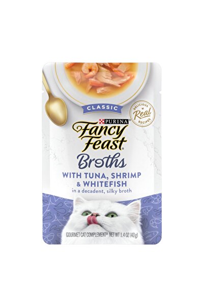 Fancy Feast مرق بورينا مع التونة والروبيان والسمك الأبيض - ١٦ كيسًا