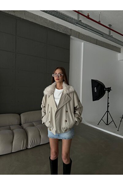asyadabutik Kadın Yaka Çıkarılabilir Kürk Detaylı Oversize Trençkot