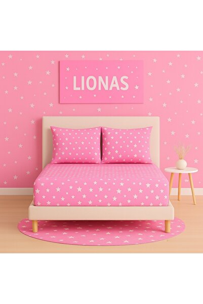 Ezgi Patterned 180 X 200 cm King Size Pink Star Elastic Sheet and 2 Pillowcases